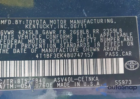 2011 Toyota Camry Le from USA, damaged, VIN 4T1BF3EK4BU747157